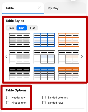 Screenshot highlighting table styles and headers in the Table panel from Microsoft Outlook for Windows.