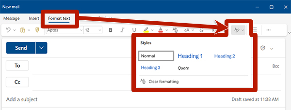 screenshot of the heading styles ribbon in Microsoft new outlook for windows