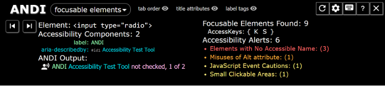 Screenshot of the ANDI browser extension's focusable elements menu 