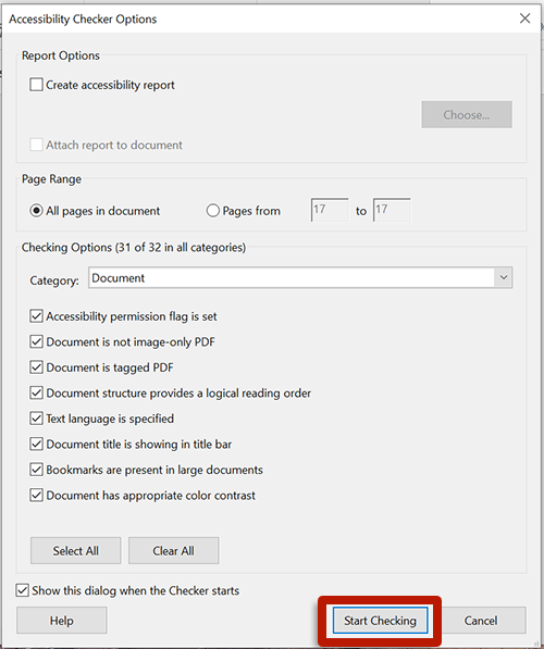 screenshot of adobe acrobat accessibility checker dialog