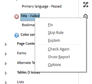 screenshot of adobe acrobat's accessibility checker results with issue options dialog revealed