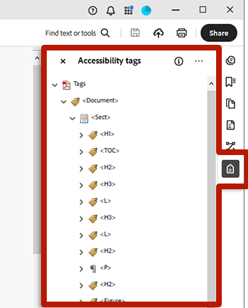 Adobe Acrobat screenshot of tag tree open for a tagged document