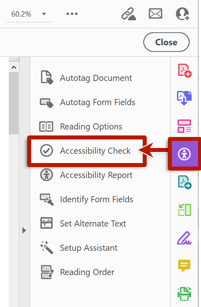screenshot of adobe acrobat tools highlighting prepare for accessibility