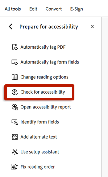 screenshot of adobe acrobat prepare for accessibility menu highlighting acrobat's accessibility checker option