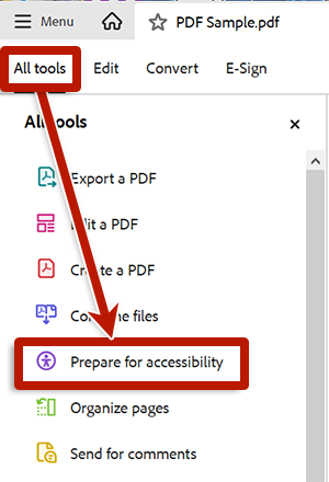 screenshot of adobe acrobat tools highlighting prepare for accessibility