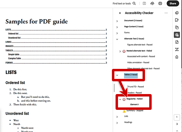 screenshot of adobe acrobat accessibility checker results with issues highlighted