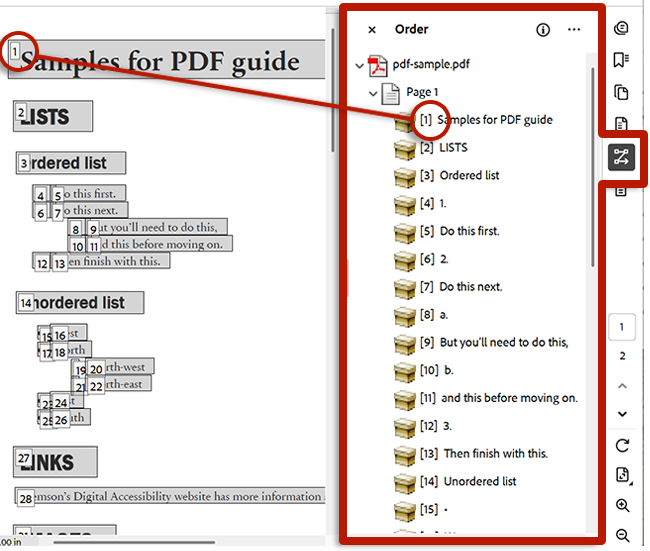 Screenshot of Adobe Acrobat with the order side panel open