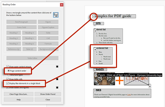 Screenshot of Adobe Acrobat with the reading order dialog open