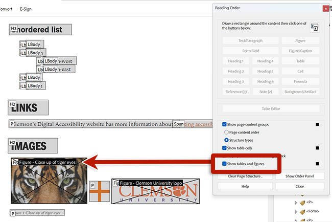 screenshot of adobe acrobat with reading order tool open and tables and figures selected