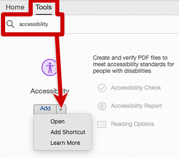 screenshot of adobe acrobat interface with highlights showing how to add the accessibility tool