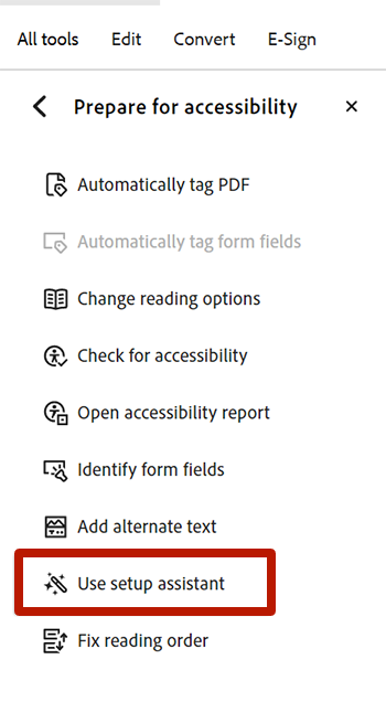 screenshot of adobe acrobat accessibility menu highlighting the link to set up accessibility assistant