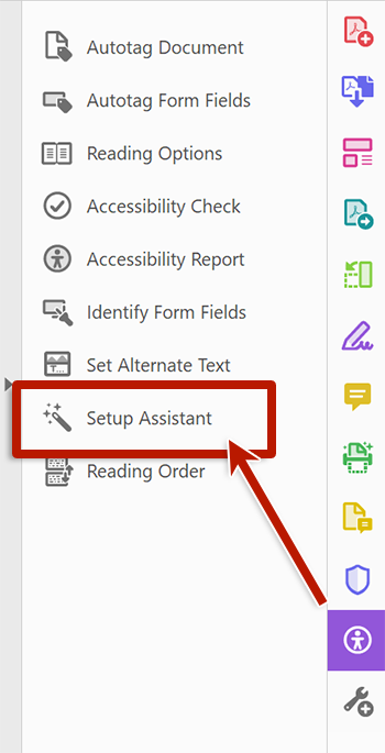 screenshot of adobe acrobat prepare for accessibility menu highlighting the link to set up accessibility assistant