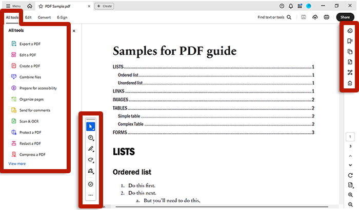 screenshot of Adobe Acrobat's interface with editing regions identified by letters and leading lines