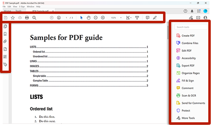 screenshot of Adobe Acrobat's interface with editing regions identified by letters and leading lines