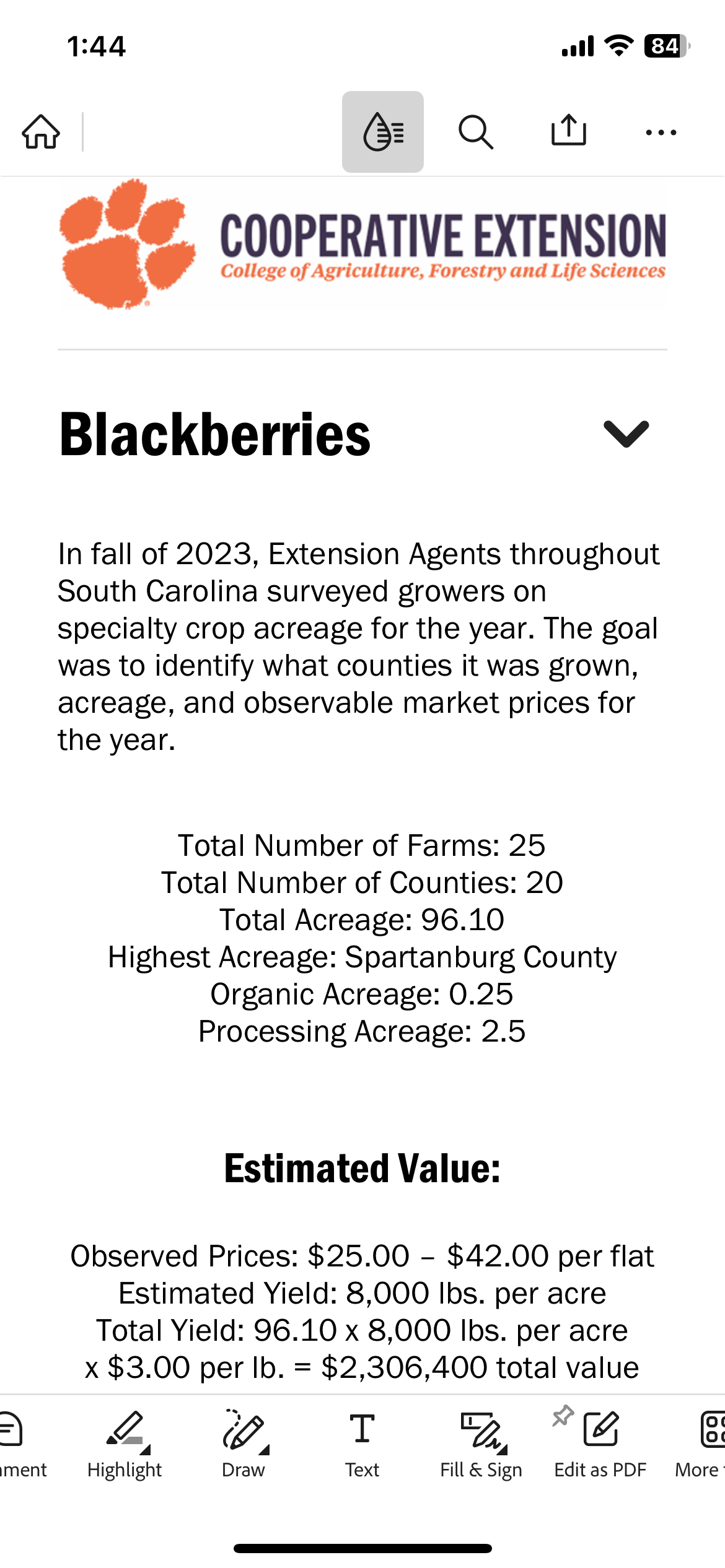 Screenshot of liquid mode on an iPhone, presenting reflowed content from the Cooperative Extension