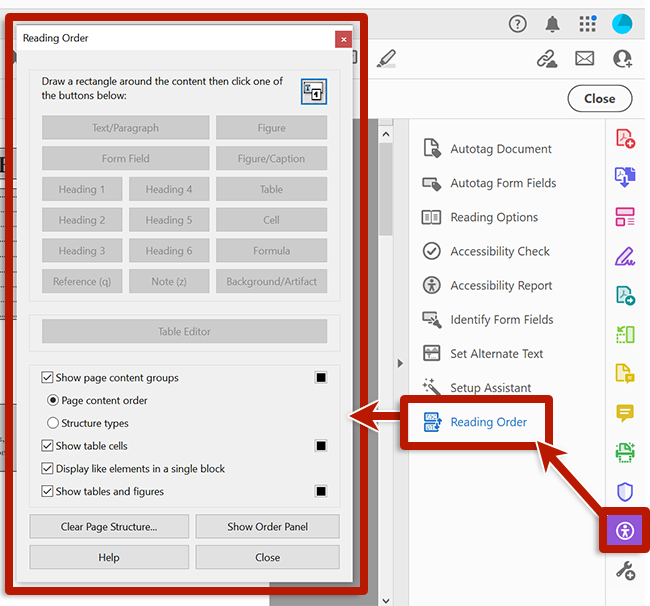 Screenshot of adobe acrobat's reading order tool open in the older version