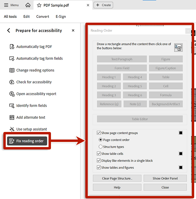 Screenshot of adobe acrobat's reading order tool open