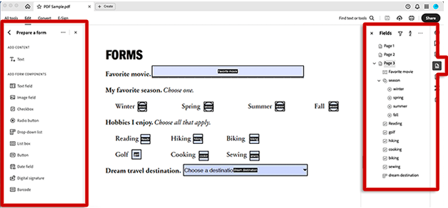 screenshot of adobe acrobat with form properties tool, fields and document visible