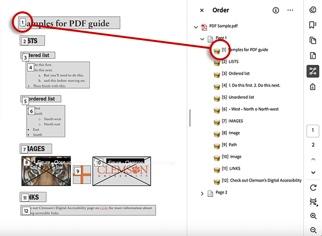 Screenshot of Adobe Acrobat with the reading order panel open