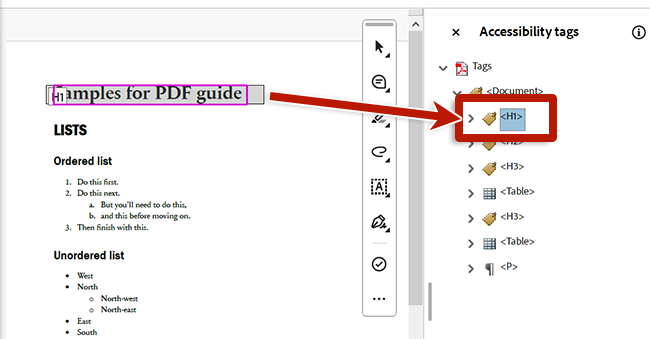screenshot of adobe acrobat with the order panel open showing a new heading tag that was created.
