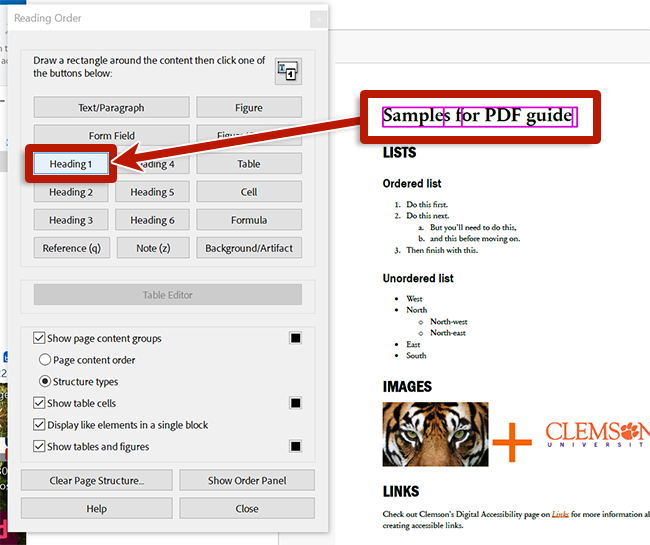 screenshot of adobe acrobat with the reading order tool opened and steps highlighted to assign a heading tag to content
