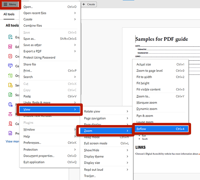 Screenshot of the steps to enable reflow in adobe acrobat.