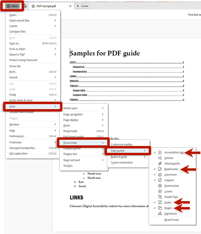 screenshot of adobe acrobat interface with highlights showing how enable side panels