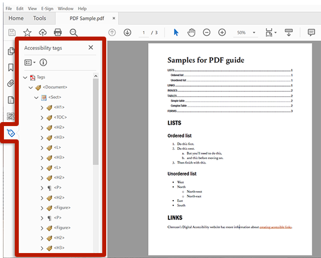Screenshot of Adobe Acrobat with the tag tree panel visible