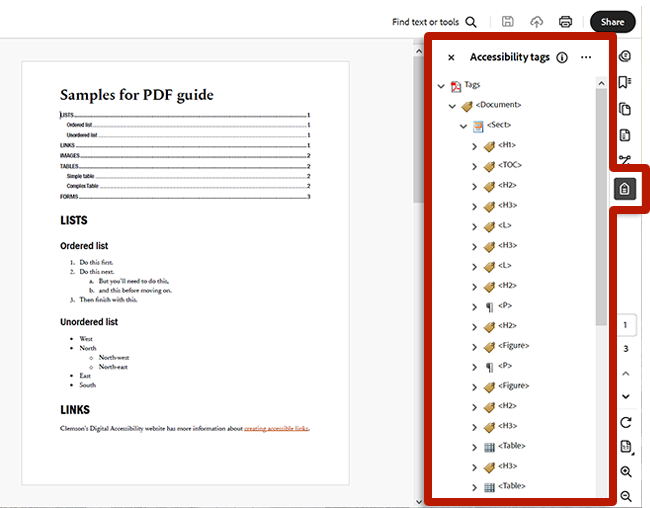 Screenshot of Adobe Acrobat with the tag tree panel visible