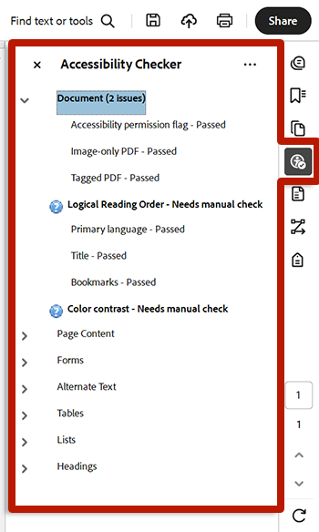 screenshot of adobe acrobat's accessibility check results