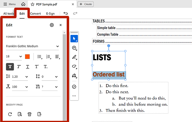 screenshot of adobe acrobat text editor
