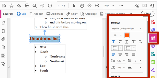 screenshot of adobe acrobat text editor