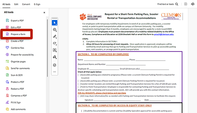 screenshot of adobe acrobat tools highlighting prepare a form
