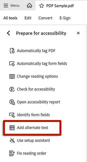 screenshot of adobe acrobat's prepare accessibility menu highlighting add alternative text  