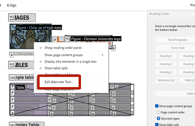 screenshot of adobe acrobat with image right click dialog menu open highlighting edit alternate text
