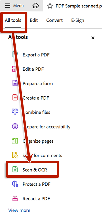 screenshot of adobe acrobat tools with arrow pointing to OCR tool