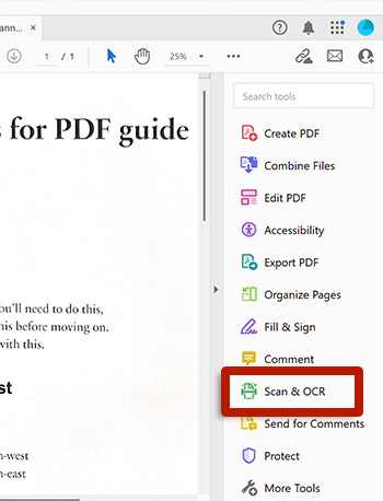 screenshot of adobe acrobat tools with arrow pointing to OCR tool