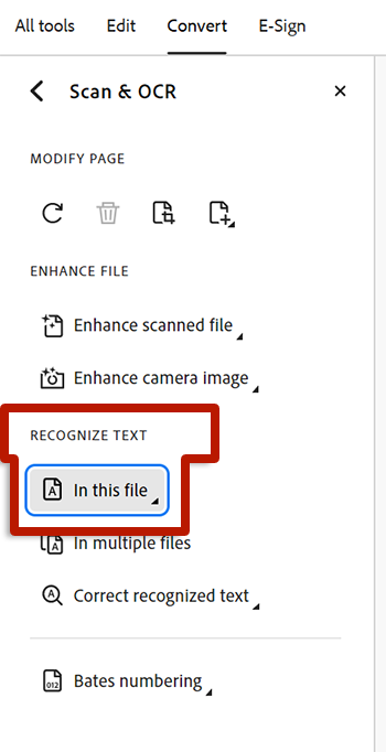 screenshot of adobe acrobat tools with arrow pointing to in this file action