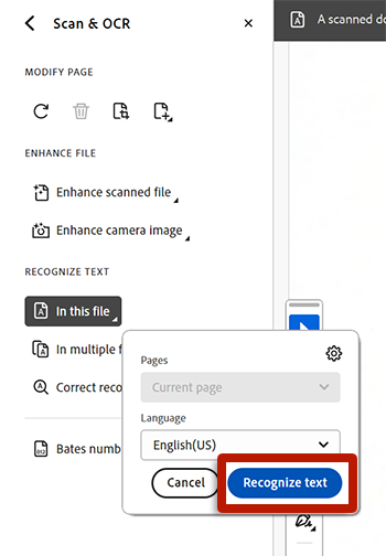 screenshot of adobe acrobat tools with arrow pointing to recognize text