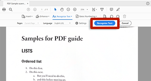 screenshot of adobe acrobat tools with arrow pointing to recognize text