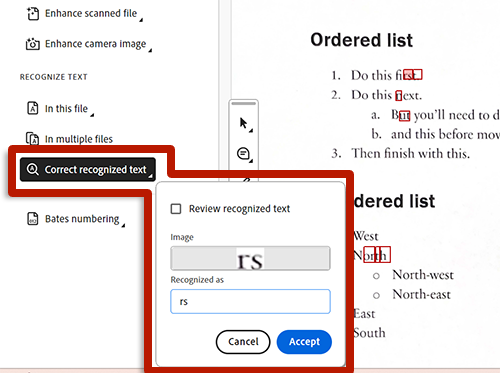 screenshot of adobe acrobat tools with arrow pointing to correct text dialog