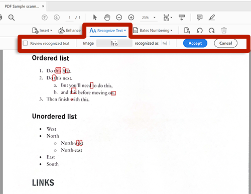 screenshot of adobe acrobat tools with arrow pointing to correct text dialog