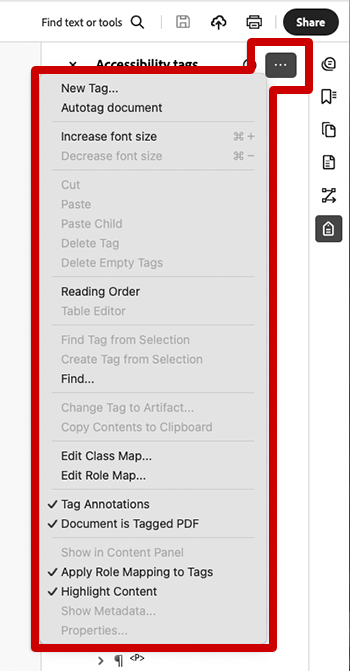 screenshot of adobe acrobat tags panel and options drop down menu expanded