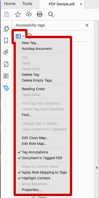 screenshot of adobe acrobat tags panel in old acrobat and options drop down menu expanded