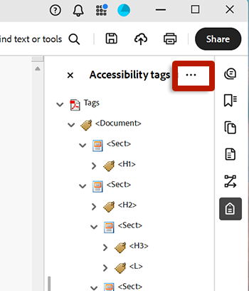screenshot of adobe acrobat tags panel with options menu highlighted