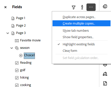 Screenshot of fields side panel options menu