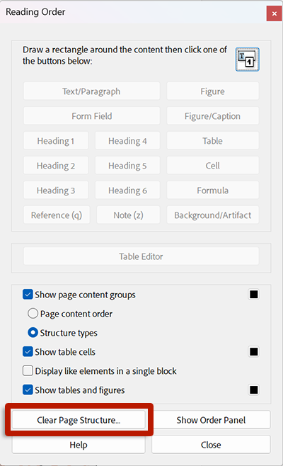 screenshot of adobe acrobat with the order panel open highlighting the option to clear page structure