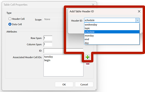 screenshot of acrobat table cell properties and the add header id context menu