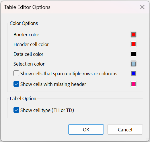 screenshot of acrobat's table editor options dialog