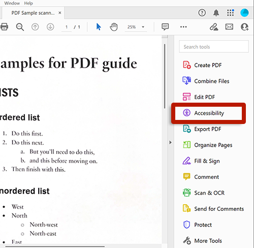 screenshot of adobe acrobat tools with arrow pointing to prepare for accessibility